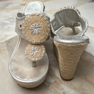 Jack Rogers 7.5 medium, 4 inch heel, silver and jute wedge sandal.
